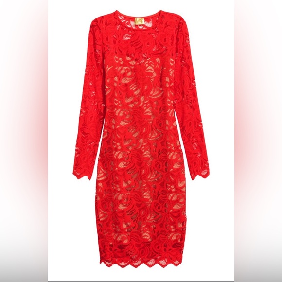 NEW Fitted Knee Length Bright Red Lace Dress in Size 6. Never worn. - Picture 1 of 9